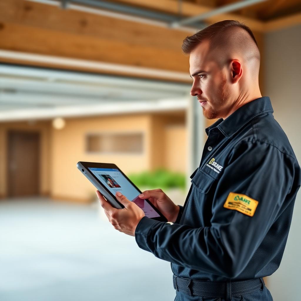 Professional garage door technician inspecting a door in Mount Holly NC
